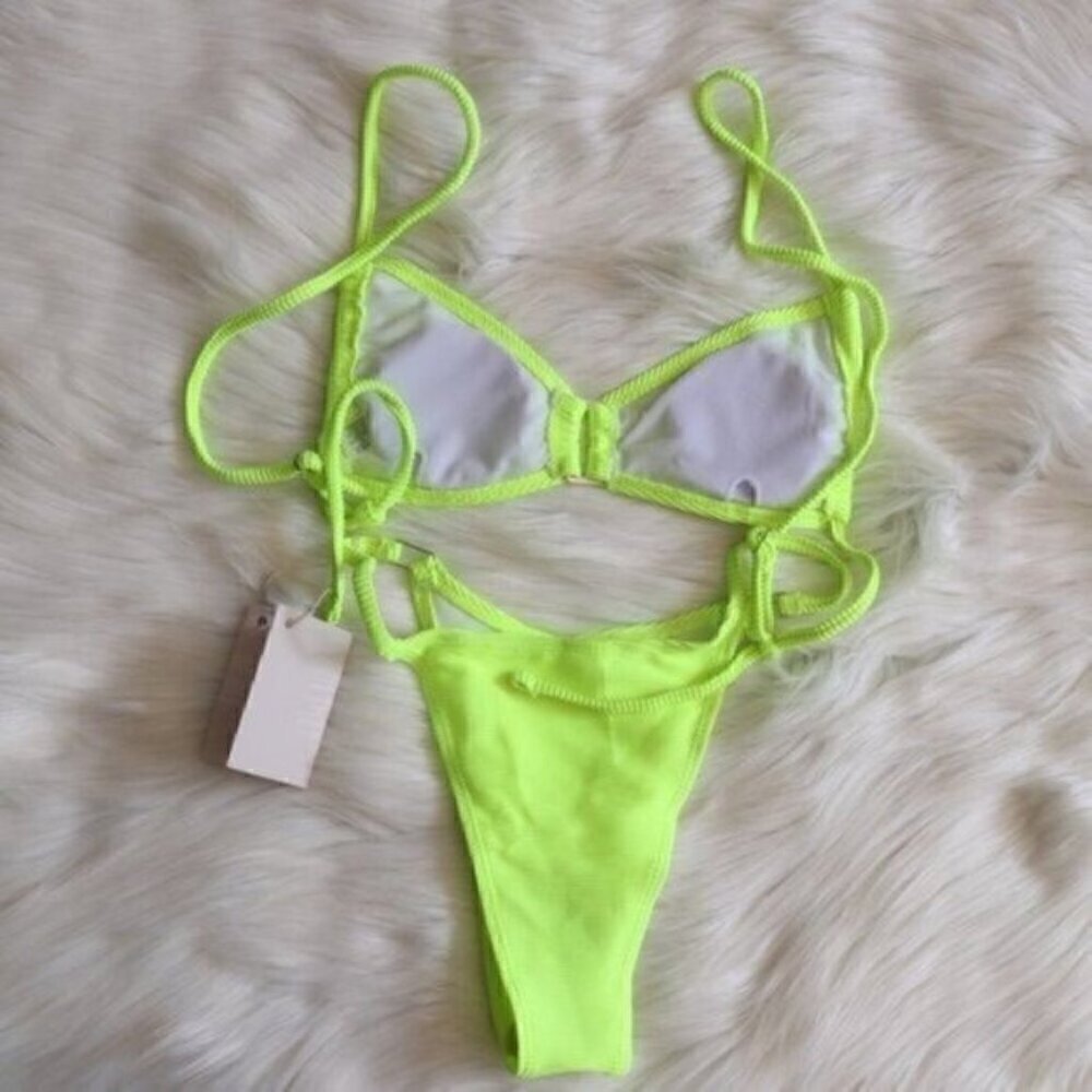 NWT Neon Green Bikini Set Size Large Ribbed Sexy Bathing Suit - Picture 7 of 9